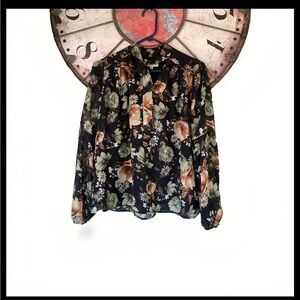 Moon River Small long sleeve floral tie neck blouse